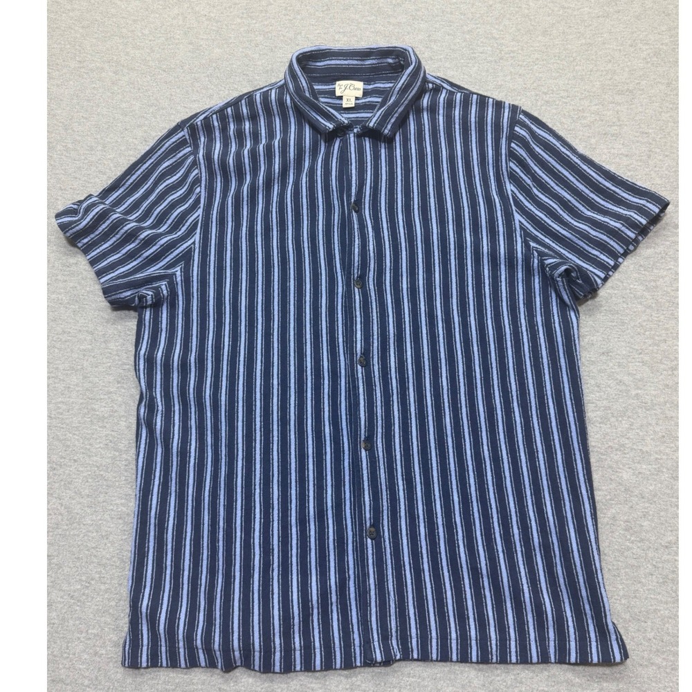 J.Crew Mens XL Blue Striped Terry Cloth Short Sleeve Button Down Camp Collar
